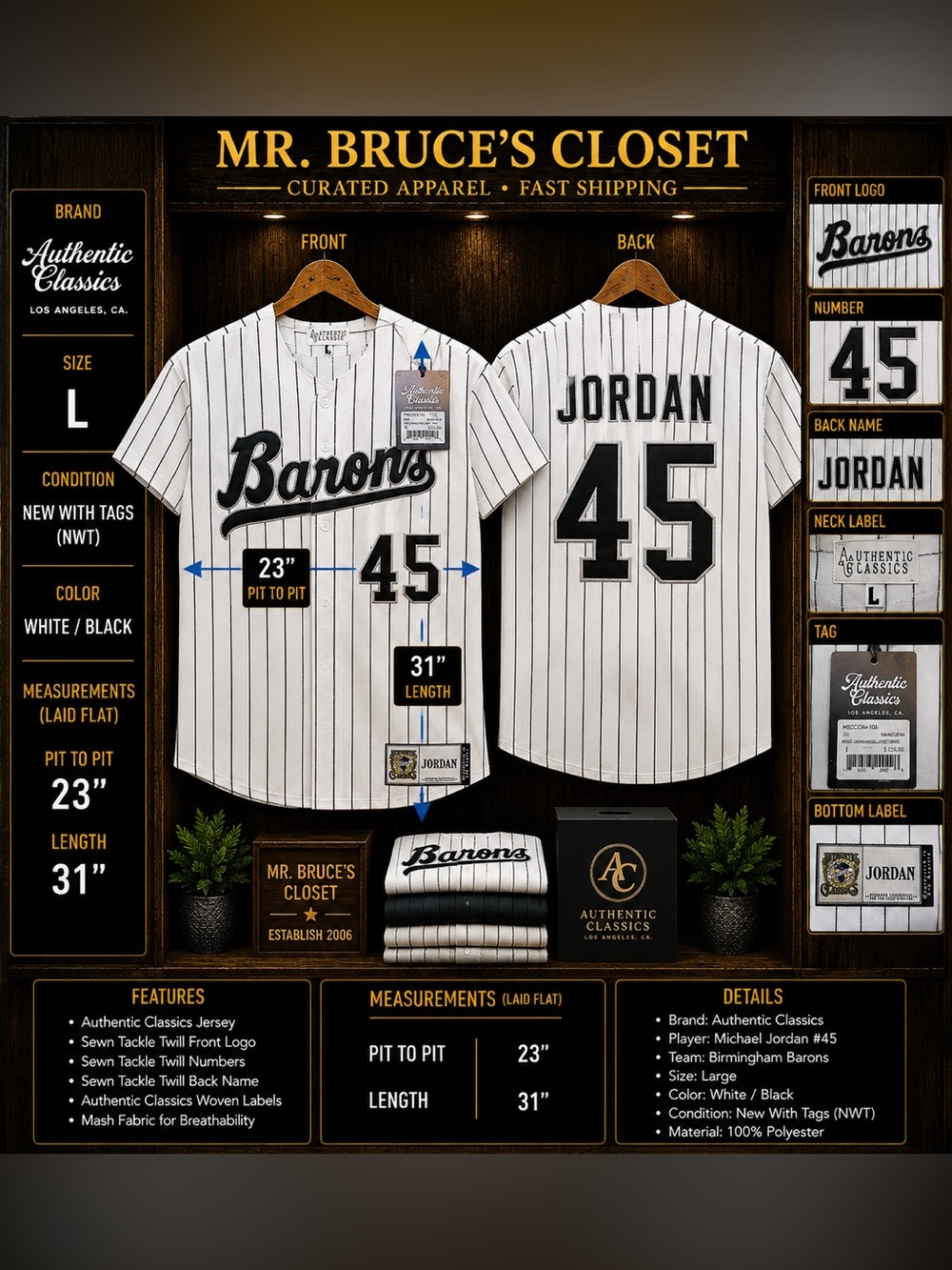 Michael Jordan White Pinstripe Birmingham Barons Jersey